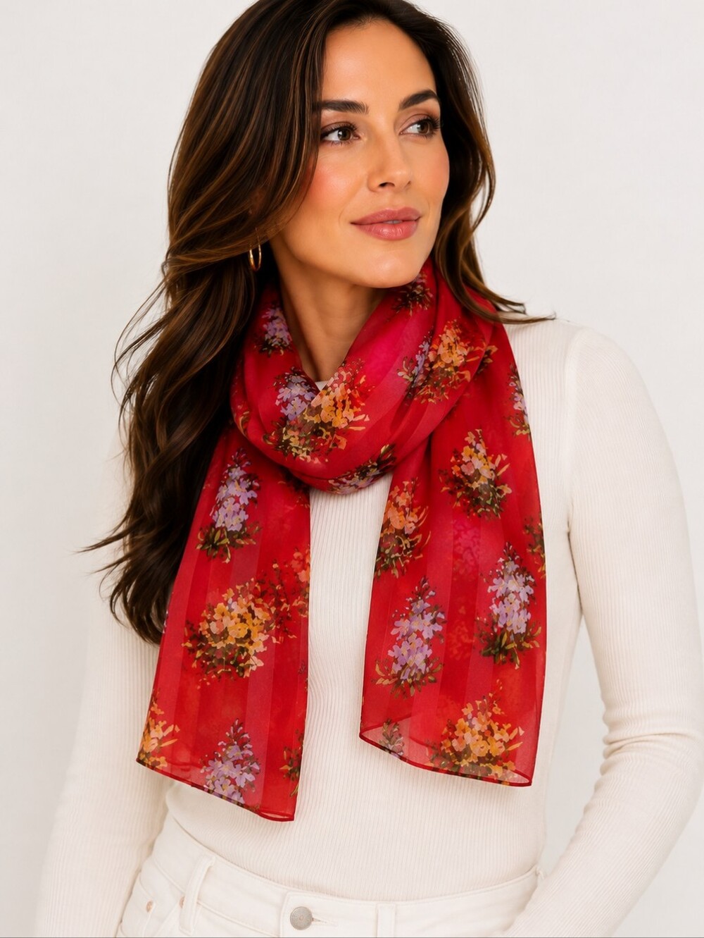 Echo 100% Silk Red Floral Sheer Scarf Vintage Style